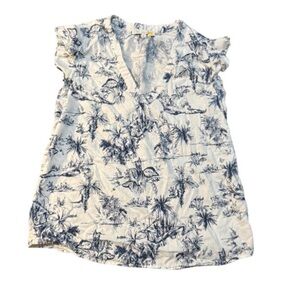 C&C XL Floral Bird Toile Tropical Print Sleeveless Blue Cream Linen Rayon